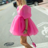 Pbong  Women's Short Puff Sleeve Off Shoulder Square Neck Fairy Mini Tie Dye Party Prom High Waist Tulle Princess Dress