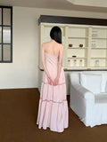 Pink Satin Backless Maxi Dress For Woman Shirring Beading A Line Long Tube Dress 2025 Summer Vacation Clothes