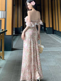 Women Sexy Slash Neck Holiday Flower Print Maxi Dresses Summer Ruffles Sleeve Slim Dress Elegant Backless Long Robe Vestidos New