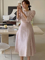 Korean Chic French Style New Spring Summer Tweed Dress For Women Celebrity Pink Plaid Woolen Dresses Vestidos