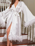 Pbong  Women Satin Robe Sleepwear Solid Color Casual Feather Trim Long Sleeve Pajama Dress Ladies Loungewear Nightwear Bathrobe