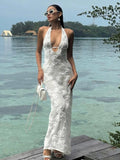 Deep V Neck Halter Beach Vacation Dress For Women Jacquard Hollow Long Dress New Summer Female Bodycon One Step Dresses