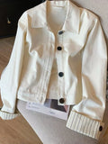 Fashion Sweet Slim Denim Jacket Women Korean Long Sleeve Striped Patchwork Short Coat Fall Winter Female Chic Outwear Tops