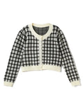 Women Checkerboard Crop Knit Cardigan Sweater Long Sleeve Button-up Box-fit Plaid Knit Top Teenage Girls Outfit