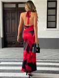Women Neck-Mounted Maxi Dresses Summer New Streetwear Fashion Lace-up Dress Red Sexy Lady Print Backless Low Chest V-Neck Dress