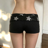 Pbong  Casual Fashion Geometry Sequins Patchwork Micro Shorts Women's Fold Waist Black Straight Leg Knitte Mini Bottoms Summer Homewear
