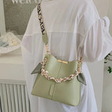 Pbong  Elegant Large Capacity Leather Bucket Bag with Chain Handle Scarf Detachable Wide Crossbody Bag Strap Fashion Shoulder Purse