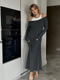 Fashion Fake Two Piece Shoulder Off Long Dress Modal Soft Vintage Slash Neck Slim Women Dress 2025 New Winter Fall Female Cloth