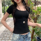 Solid Color Soft Basic Top for Women Summer Skinny Sexy T-shirt U Collar Shirt  Short Sleeve Top for Hot Girl
