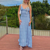 Beach Vacation Beige Blue Long Dress V-neck Folds Lace-ups A-line Chic All-match Women Dress 2025 Sleeveless Fashion New Dress