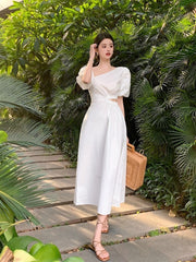 Solid Cut Out Dress For Women V-Neck Sleeveless High Waist Hollow Out Minimalist Midi Dresses Female Clothes Fashion New