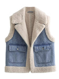 Denim Fabric Lamb Faux Fur Women Vest Patchwork Sleeveless Lapel Open Front Loose Warm Waistcoat Autumn Winter Chic Casual Tops