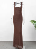 Elegant Bead Mesh Patchwork Long Dress For Women Backless O-neck Sleeveless Slim Robes Shiny Party Club Sexy Dresses