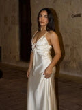 French Vacation Satin Long Dress Fashion Backless Sexy Slip Dress For Women New Light Beige Party Beach Summer Vestidos