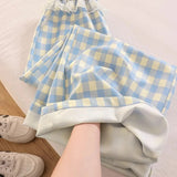 Sweet Lace Plaid Pants Women Patchwork Loose High Waist Wide Leg Trousers Japan Casual Lady Vintage Cute Spring New Pant
