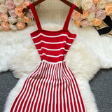 Chic Fashion Vintage Spaghetti Straps Stripes Patchwork Knitted Dress Spring Summer Women Casual Long Sweater Dress