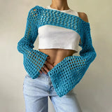 Pbong  New Harajuku Grunge Solid Slash Neck Women Crop Pullovers Y2k Aesthetic Knitted Sexy Sweaters Streetwear Hollow Out Autumn Tops
