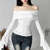 Fashion sexy slash-neck neck backless long sleeve T-shirt for women spring autumn solid color slim stacked trumpet sleeve tops