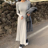 Solid Color Simple Basic Long Dress Gray Black Casual Spring Autumn Dress Elegant Chic Round Neck A-line Ribbed Dress 2025 New