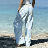 New Summer Euramerican Stretch Waist Loose Women Pants Y2k Beach Style Constrast Color Striped Trousers Lazy Harajuku Punk Pant