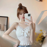 Summer Lace Bow Camisole for Women Pleated Crop Tops Vintage Clothes Harajuku Solid Sexy Ladies Sweet Elegant Camisole