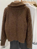 Women Autumn Winter New Lazy Style Loose Knitted Cardigan Retro Solid Color Double Zipper Turn-down Collar Sweater New Women Top