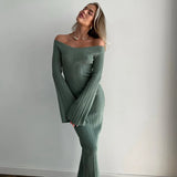 Simple Ribbed Knit Long Skirt Solid Color Slash Neck Chic Spring Autumn Women Dress Core Spun Yarn Fashion Slim Dresses 2025 New