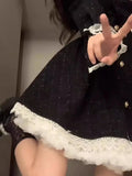 Temperament Coarse Tweed Plaid Dress Women Lace Splice Double Breasted French Flounce O-neck Sweet Slim Spring Chic Female Wear