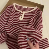 Pbong  Fresh Autumn New Loose round Neck Long Sleeve Knitted Sweater Women's Lazy Style Stripe Base Layer Sweater Versatile Top Women