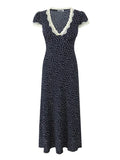 Chic Fashion Lace Polka Dot Long Dress V-neck Sexy Women Dress Navy Blue Vintege Elegant Dresses 2025 New Woman Clothing