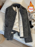 Vintage Faux Woolen Coat Women Warm Winter Thick Long Sleeve Gray Cotton Jacket Female Retro O Neck Pockets Casual Tops New