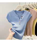 Summer V-Neck Short Sleeve Thin Tshirts Women Pastel Colored Button Knitted T-Shirts Teen-girl Stretch Fitted Tees Y2K Clothing