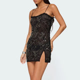 Pbong  Women Summer Flower Sequins Embroidery Ruffles Square Neck Sleeveless Bodycon High Split Short Cami Dress with Scarf