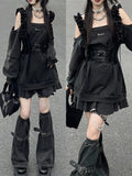 Swet Cool High Street Chic Off The Shoulder Punk Dresses Sexy Y2k Aesthetic Slim Waist Harajuku Clothing Fake Two Piece Tops