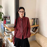 Slim Vintage Striped Tie Shirt Women Fall Long Sleeve American Preppy Style Blouse Casual Female Turn Town Collar Retro Tops New