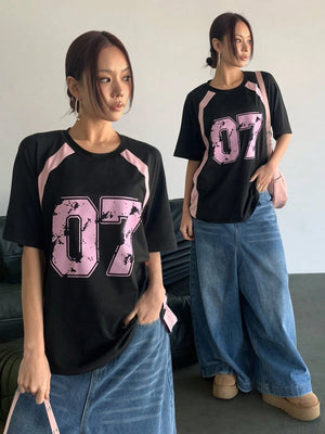Women's Clothing Fashion Casual Crew Neck Contrast Color Number 07 Print Streetwear T-Shirt Sports Jerseys And Fashionable Tops