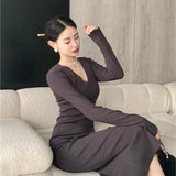 Solid Color Basic Simple Knitting Long Dress New V-neck Slim Fashion Autumn Women's Dress Sexy Chic Tight Female Winter Vestidos