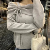Korean Style Coquette Knitwear Pullovers Women Sweet Slash Neck Long Sleeve Sweaters Autumn Winter 2000s Grey Jumper