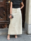 Beige Solid Color Color Straight Long Skirt Spring Summer Slit Chic Women Skirt High Waist Button Casual Women Clothing New