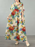 Pbong  Bohemian Print Maxi Dress High Waist Short Sleeve round Neck plus Size Summer Fashion Simple Elegant Women's Clothing