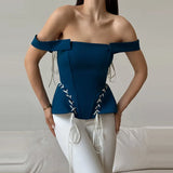 Pbong  Teal Off Shoulder Corset Lace Up Peplum Bustier Top Solid Color Side Summer Chic Sexy Women  Club Date Casual Office Top