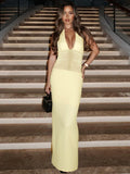 Mesh See Through Halter Sexy Maxi Dress Women Gown Fashion Deep V Neck Sleeveless Backless Bodycon Long Dress Elegant