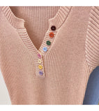 Summer V-Neck Short Sleeve Thin Tshirts Women Pastel Colored Button Knitted T-Shirts Teen-girl Stretch Fitted Tees Y2K Clothing