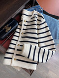 New 2025 Women Spring Autumn Sweaters O-neck Stripe Knitted Cardigan Fashion Long Sleeve Casual Short Tops Korean Style