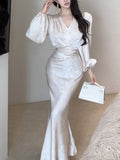 Autumn Elegant Bodycon Print Midi Dresses for Women Lantern Sleeve V-Neck Lace-up Mermaid Evening Party Dress Robe Vestidos New