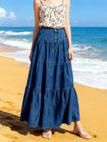 Pbong  Women's Denim Long Skirt High Waist Layered Ruffle Flowy A-Line Jean Skirt for Summer Fall
