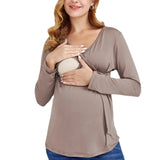 Pbong  Spring and Autumn New Soft Solid Color High-quality Pregnant Women's T-shirt Breastfeeding V-neck Long Sleeved Anti Glare Top