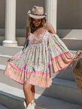 Boho Inspired floral print rayon mini boho dress for women off shoulder V-neck half sleeve bohemian boho beach summer dress