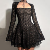 Pbong  Elegant Fashion Sexy Lace A-Line Dress See Through Dark Bandage Backless Square Collar Long Sleeve Mini Dresses For Women