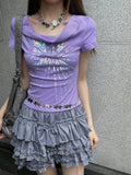 Pbong  Y2k Aesthetic Vintage Summer Printing Tees Slash Neck Streetwear Purple Tshirts Women Harajuku Grunge Bottoming Sexy Crop Tops